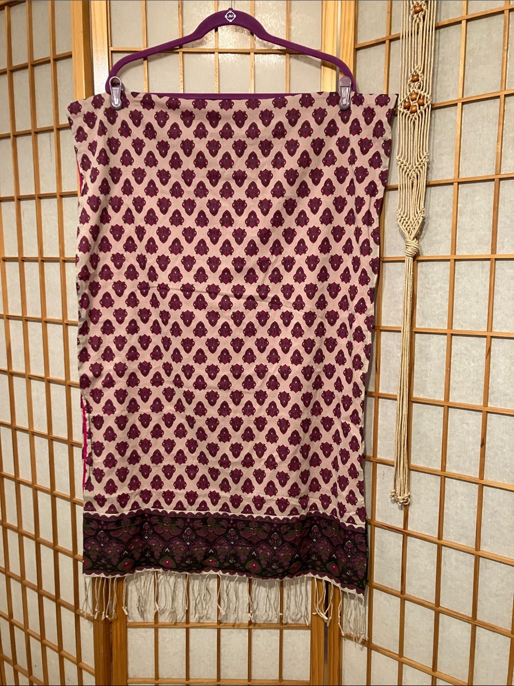 Boho Printed Tassel Scarf - Cream & Plum